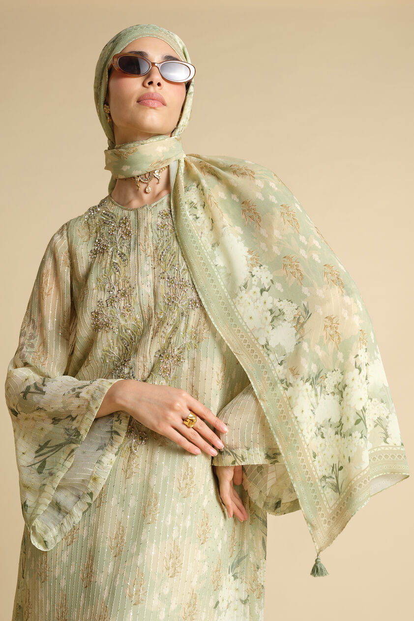 Suha Printed Stole - Sage, Sage, image 1